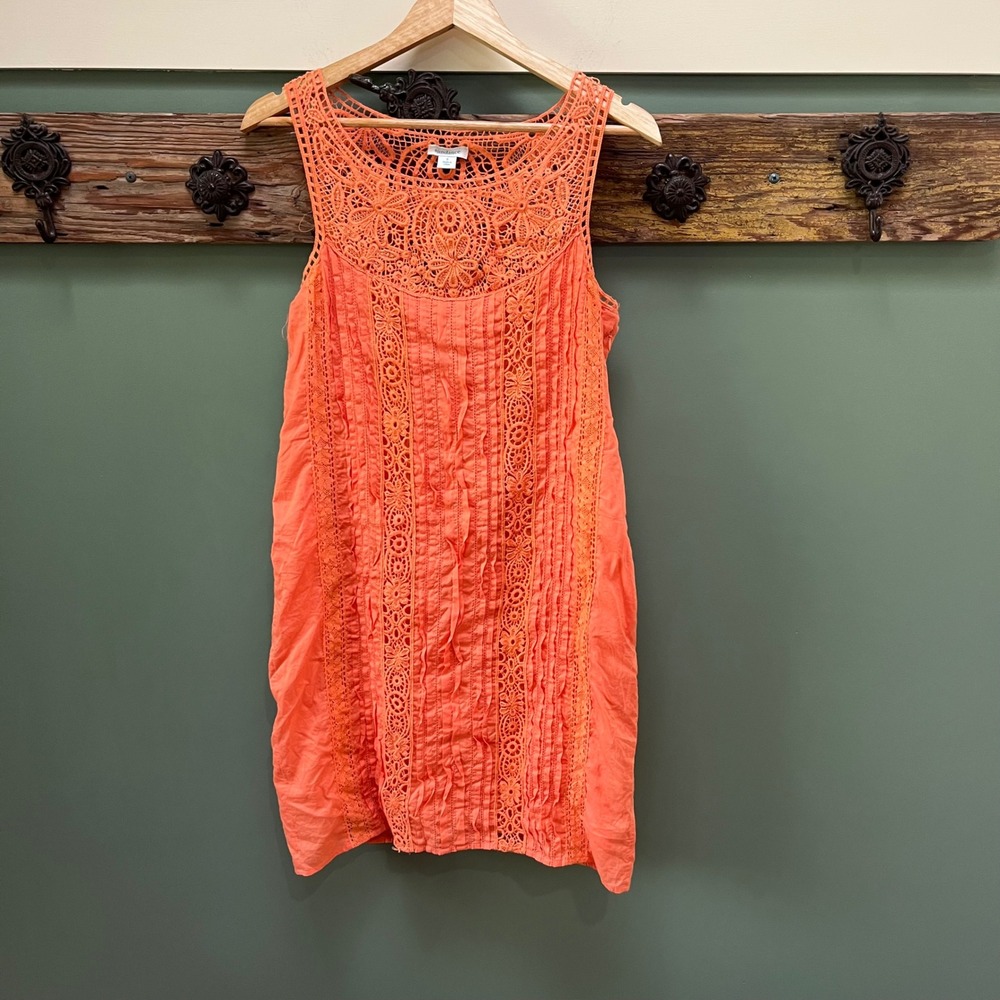 Sundance Womens Coral Orange Crochet Lace Pintuck Cotton Shift Dress Small